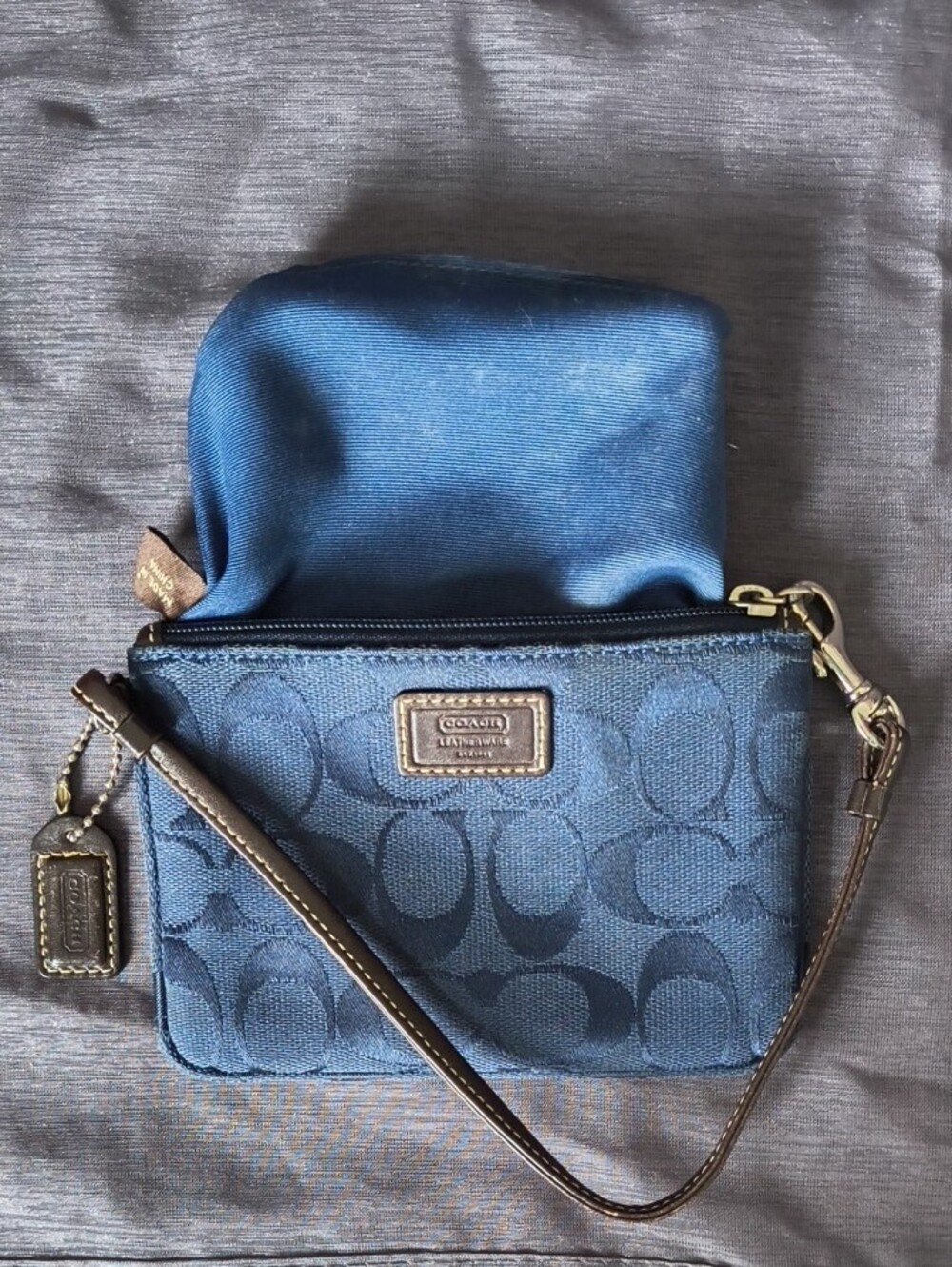 Coach Navy Blue Signature Canvas Wristlet with Brown Leather Strap - Picture 4 of 5